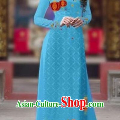 Traditional Top Grade Asian Vietnamese Costumes Classical Printing New Year Cheongsam, Vietnam National Ao Dai Dress Princess Blue Full Dress for Women
