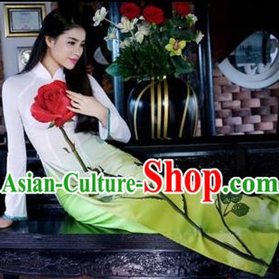 Traditional Top Grade Asian Vietnamese Costumes Classical Printing Rose Cheongsam, Vietnam National Ao Dai Dress Full Dress for Women