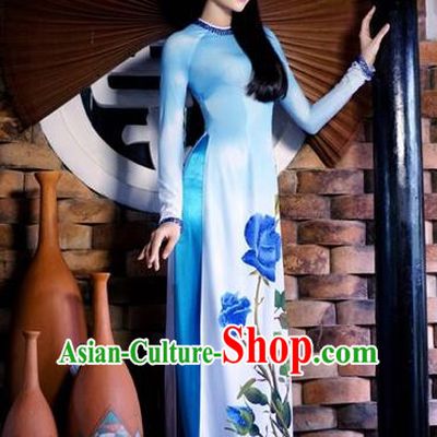 Traditional Top Grade Asian Vietnamese Costumes Classical Printing Blue Rose Cheongsam, Vietnam National Ao Dai Dress Full Dress for Women