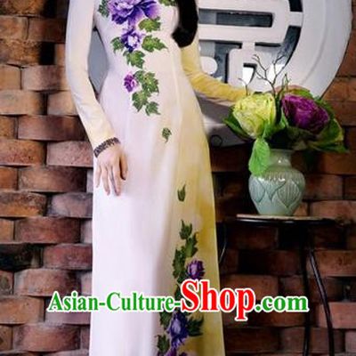 Traditional Top Grade Asian Vietnamese Costumes Classical Printing Peony Cheongsam, Vietnam National Ao Dai Dress Full Dress for Women