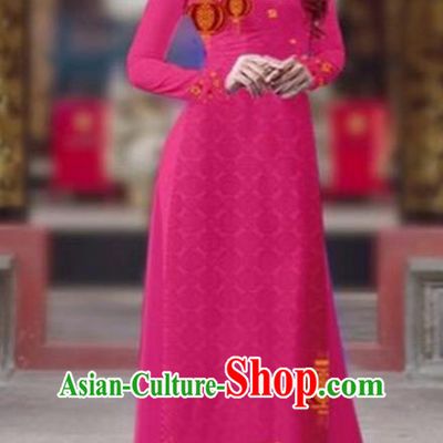Traditional Top Grade Asian Vietnamese Costumes Classical Printing New Year Cheongsam, Vietnam National Ao Dai Dress Princess Rosy Full Dress for Women