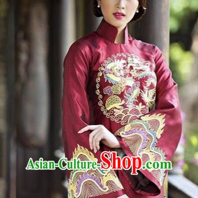 Traditional Top Grade Asian Vietnamese Costumes Classical Hand Embroidery Cheongsam, Vietnam National Ao Dai Dress Wedding Bride Full Dress for Women