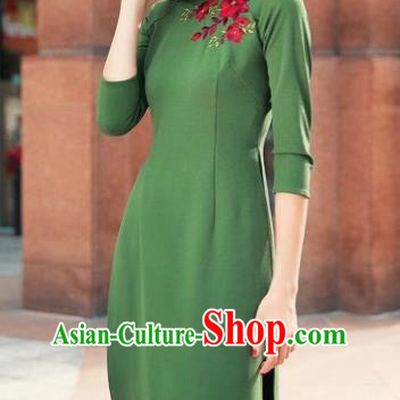 Traditional Top Grade Asian Vietnamese Costumes Classical Short Cheongsam, Vietnam National Ao Dai Dress Wedding Bride Green Full Dress for Women
