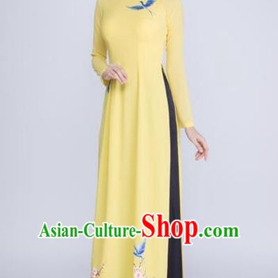 Traditional Top Grade Asian Vietnamese Costumes Classical Printing Crane Cheongsam, Vietnam National Ao Dai Dress Yellow Full Dress for Women