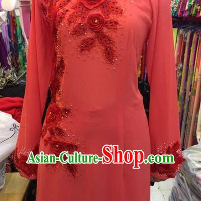 Traditional Top Grade Asian Vietnamese Costumes Classical Bride Wedding Embroidery Cheongsam, Vietnam National Red Ao Dai Dress for Women