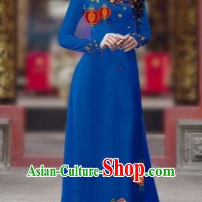 Traditional Top Grade Asian Vietnamese Costumes Classical Printing New Year Cheongsam, Vietnam National Ao Dai Dress Princess Royalblue Full Dress for Women