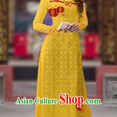 Traditional Top Grade Asian Vietnamese Costumes Classical Printing New Year Cheongsam, Vietnam National Ao Dai Dress Princess Ginger Full Dress for Women