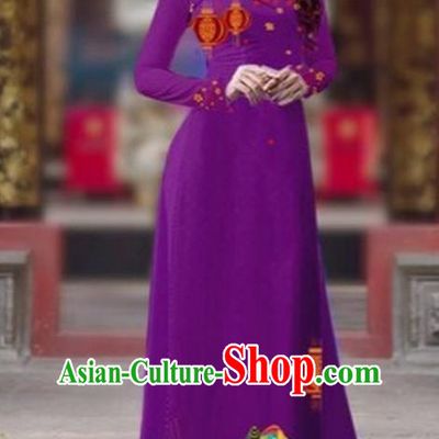 Traditional Top Grade Asian Vietnamese Costumes Classical Printing New Year Cheongsam, Vietnam National Ao Dai Dress Princess Amaranth Full Dress for Women