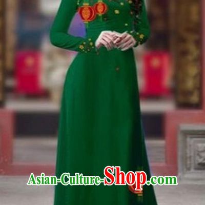Traditional Top Grade Asian Vietnamese Costumes Classical Printing New Year Cheongsam, Vietnam National Ao Dai Dress Princess Deep Green Full Dress for Women