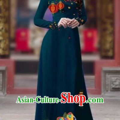 Traditional Top Grade Asian Vietnamese Costumes Classical Printing New Year Cheongsam, Vietnam National Ao Dai Dress Princess Peacock Blue Full Dress for Women