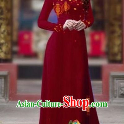 Traditional Top Grade Asian Vietnamese Costumes Classical Printing New Year Cheongsam, Vietnam National Ao Dai Dress Princess Wine Red Full Dress for Women