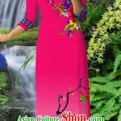 Traditional Top Grade Asian Vietnamese Costumes Classical Rosy Cheongsam, Vietnam National Printing Ao Dai Dress for Women