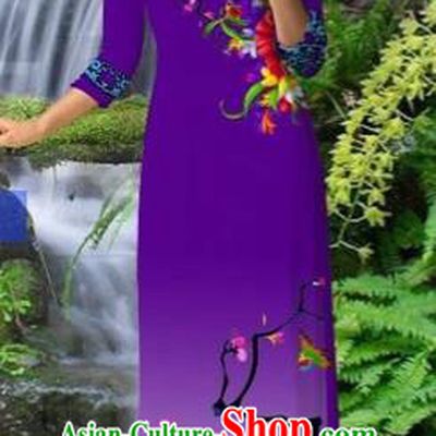 Traditional Top Grade Asian Vietnamese Costumes Classical Purple Cheongsam, Vietnam National Printing Ao Dai Dress for Women
