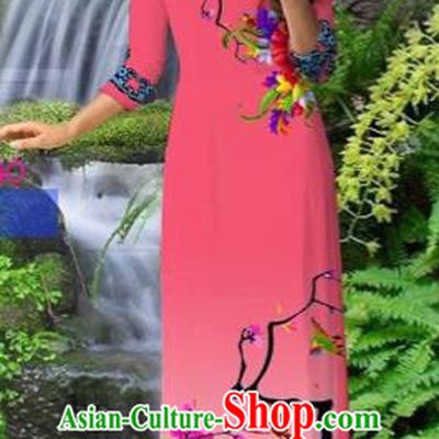 Traditional Top Grade Asian Vietnamese Costumes Classical Pink Cheongsam, Vietnam National Printing Ao Dai Dress for Women