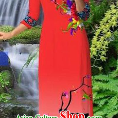 Traditional Top Grade Asian Vietnamese Costumes Classical Red Cheongsam, Vietnam National Printing Ao Dai Dress for Women