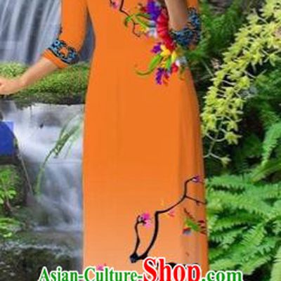 Traditional Top Grade Asian Vietnamese Costumes Classical Orange Cheongsam, Vietnam National Printing Ao Dai Dress for Women