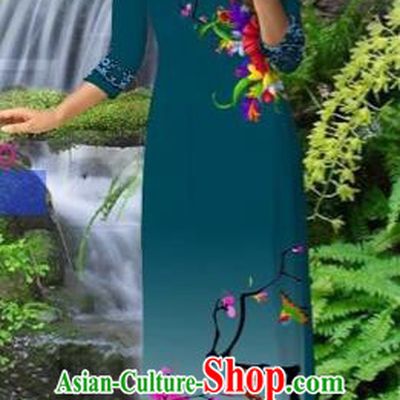 Traditional Top Grade Asian Vietnamese Costumes Classical Peacock Blue Cheongsam, Vietnam National Printing Ao Dai Dress for Women