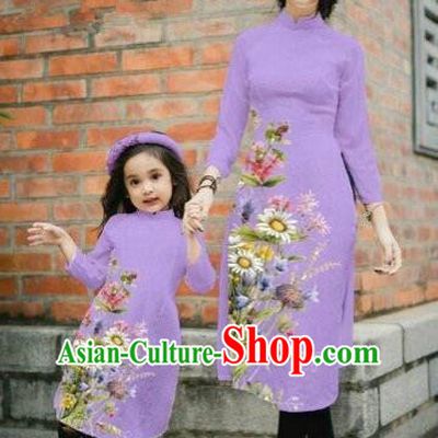 Traditional Top Grade Asian Vietnamese Costumes Classical Printing Daisy Flowers Purple Cheongsam, Vietnam National Mother-daughter Ao Dai Dress for Women for Kids