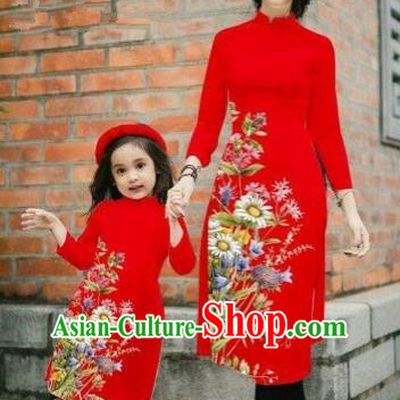 Traditional Top Grade Asian Vietnamese Costumes Classical Printing Daisy Flowers Red Cheongsam, Vietnam National Mother-daughter Ao Dai Dress for Women for Kids