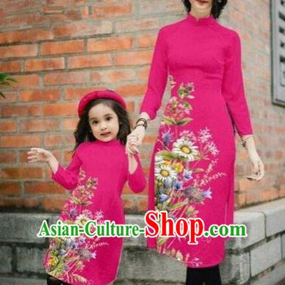 Traditional Top Grade Asian Vietnamese Costumes Classical Printing Daisy Flowers Rosy Cheongsam, Vietnam National Mother-daughter Ao Dai Dress for Women for Kids