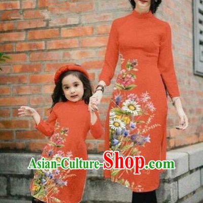 Traditional Top Grade Asian Vietnamese Costumes Classical Printing Daisy Flowers Orange Cheongsam, Vietnam National Mother-daughter Ao Dai Dress for Women for Kids
