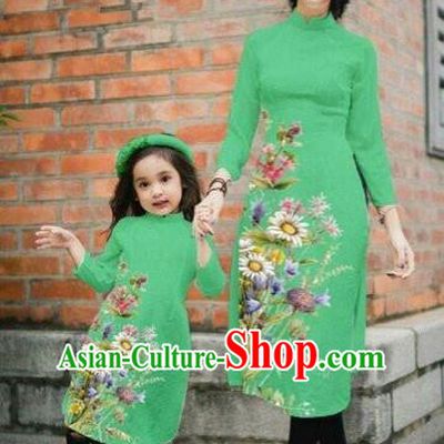 Traditional Top Grade Asian Vietnamese Costumes Classical Printing Daisy Flowers Green Cheongsam, Vietnam National Mother-daughter Ao Dai Dress for Women for Kids