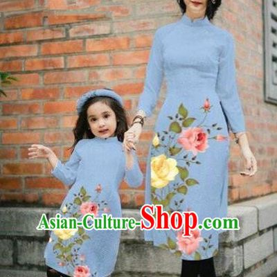 Traditional Top Grade Asian Vietnamese Costumes Classical Printing China Rose Flowers Dusty Blue Cheongsam, Vietnam National Mother-daughter Ao Dai Dress for Women for Kids
