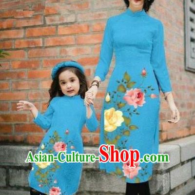 Traditional Top Grade Asian Vietnamese Costumes Classical Printing China Rose Flowers Blue Cheongsam, Vietnam National Mother-daughter Ao Dai Dress for Women for Kids