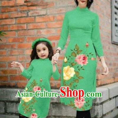 Traditional Top Grade Asian Vietnamese Costumes Classical Printing China Rose Flowers Green Cheongsam, Vietnam National Mother-daughter Ao Dai Dress for Women for Kids