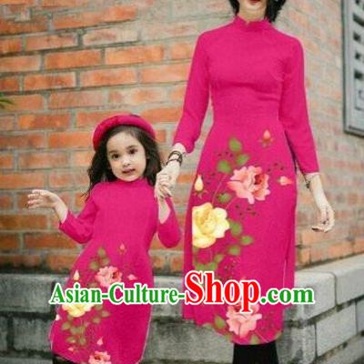 Traditional Top Grade Asian Vietnamese Costumes Classical Printing China Rose Flowers Rosy Cheongsam, Vietnam National Mother-daughter Ao Dai Dress for Women for Kids
