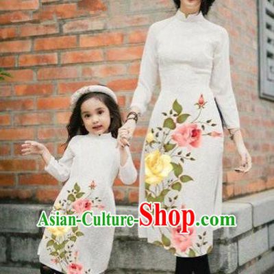 Traditional Top Grade Asian Vietnamese Costumes Classical Printing China Rose Flowers White Cheongsam, Vietnam National Mother-daughter Ao Dai Dress for Women for Kids