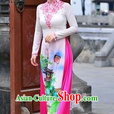 Traditional Top Grade Asian Vietnamese Costumes Classical Printing White Cheongsam, Vietnam National Bride Ao Dai Dress for Women