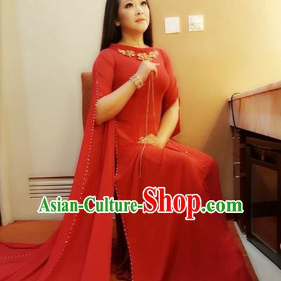 Traditional Top Grade Asian Vietnamese Costumes Classical Red Cheongsam, Vietnam National Bride Ao Dai Dress for Women