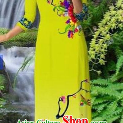 Traditional Top Grade Asian Vietnamese Costumes Classical Green Cheongsam, Vietnam National Printing Ao Dai Dress for Women