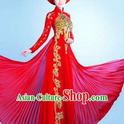 Traditional Top Grade Asian Vietnamese Costumes Classical Queen Red Cheongsam, Vietnam National Bride Pleuche Ao Dai Dress for Women