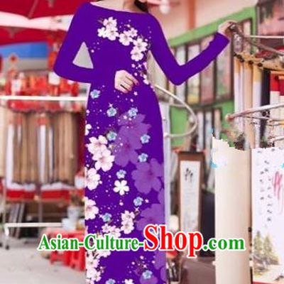 Traditional Top Grade Asian Vietnamese Costumes Classical Princess Printing Cheongsam, Vietnam National Bride Purple Ao Dai Dress for Women