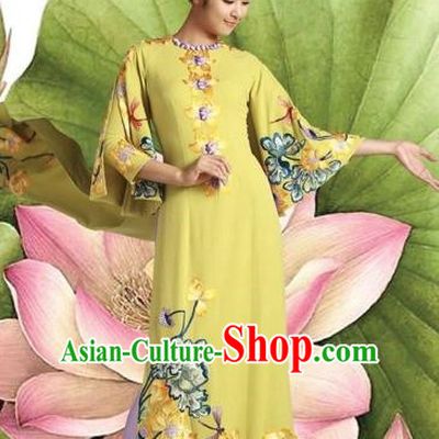 Traditional Top Grade Asian Vietnamese Costumes Classical Princess Printing Cheongsam, Vietnam National Bride Ao Dai Dress for Women