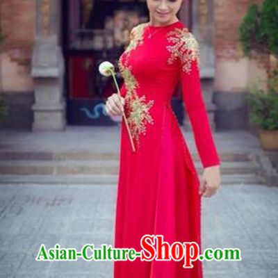 Traditional Top Grade Asian Vietnamese Costumes Classical Princess Red Cheongsam, Vietnam National Bride Wedding Ao Dai Dress for Women