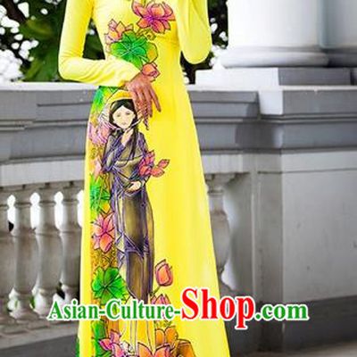 Traditional Top Grade Asian Vietnamese Costumes Classical Princess Hand Painting Yellow Cheongsam, Vietnam National Bride Wedding Ao Dai Dress for Women