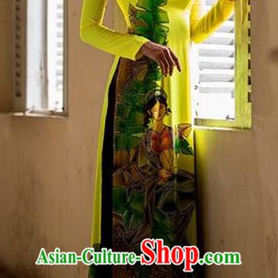 Traditional Top Grade Asian Vietnamese Costumes Classical Princess Hand Painting Yellow Cheongsam, Vietnam National Bride Wedding Ao Dai Dress for Women