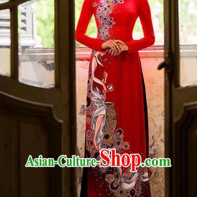 Traditional Top Grade Asian Vietnamese Costumes Classical Princess Hand Painting Cheongsam, Vietnam National Vietnamese Bride Wedding Red Ao Dai Dress for Women