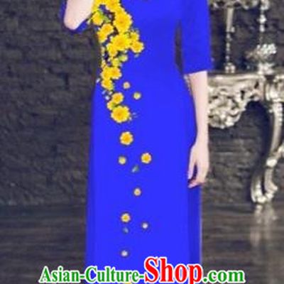 Traditional Top Grade Asian Vietnamese Costumes Classical Princess Printing Cheongsam, Vietnam National Vietnamese Bride Wedding Blue Ao Dai Dress for Women