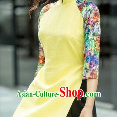 Traditional Top Grade Asian Vietnamese Costumes Classical Printing Yellow Short Cheongsam, Vietnam National Vietnamese Bride Ao Dai Dress for Women