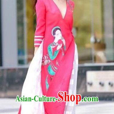 Traditional Top Grade Asian Vietnamese Costumes Classical Printing Rosy Short Cheongsam, Vietnam National Vietnamese Bride Ao Dai Dress for Women