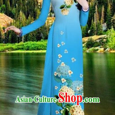 Traditional Top Grade Asian Vietnamese Costumes Classical Printing Blue Cheongsam, Vietnam National Vietnamese Bride Ao Dai Dress for Women