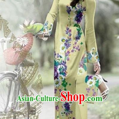 Traditional Top Grade Asian Vietnamese Costumes Classical Printing Green Cheongsam, Vietnam National Vietnamese Bride Ao Dai Dress for Women