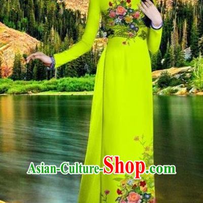 Traditional Top Grade Asian Vietnamese Costumes Classical Printing Bright Green Cheongsam, Vietnam National Vietnamese Bride Ao Dai Dress for Women