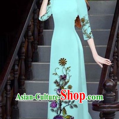 Traditional Top Grade Asian Vietnamese Costumes Classical Printing Blue Cheongsam, Vietnam National Vietnamese Bride Ao Dai Dress for Women