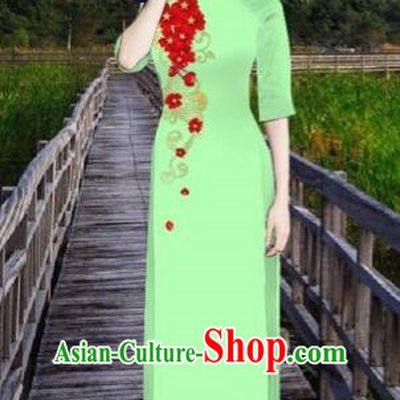 Traditional Top Grade Asian Vietnamese Costumes Classical Printing Light Green Cheongsam, Vietnam National Vietnamese Bride Ao Dai Dress for Women