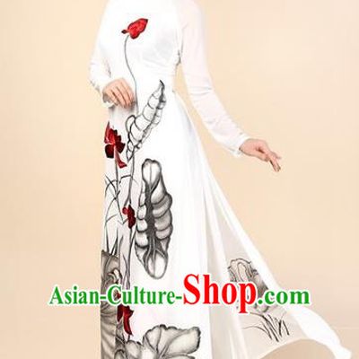 Traditional Top Grade Asian Vietnamese Costumes Classical Hand Painting Cheongsam, Vietnam National Vietnamese Bride Ao Dai Dress for Women